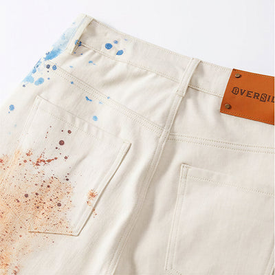 Men's Summer Off-White Blue & Orange Splatter Denim Shorts