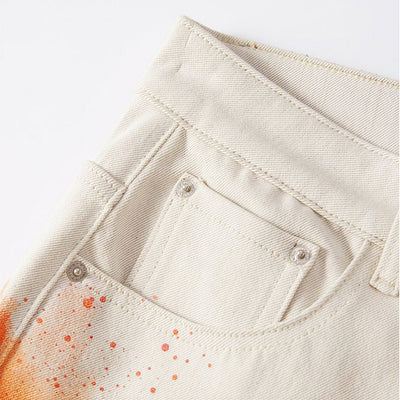 Men's Summer Off-White Blue & Orange Splatter Denim Shorts
