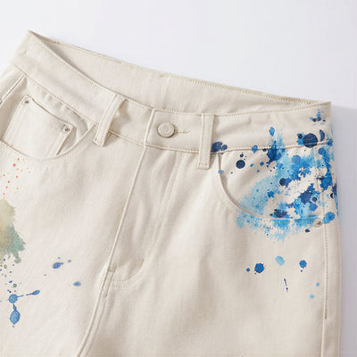 Men's Summer Off-White Blue & Orange Splatter Denim Shorts