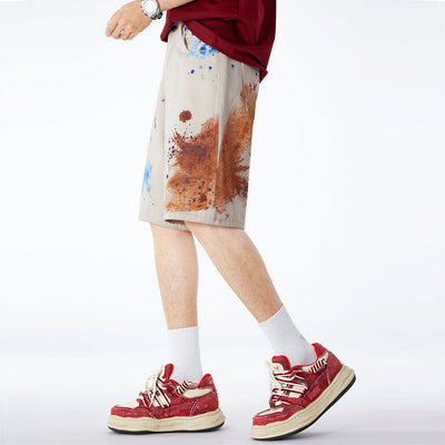 Men's Summer Off-White Blue & Orange Splatter Denim Shorts