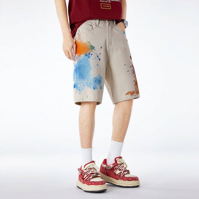 Men's Summer Off-White Blue & Orange Splatter Denim Shorts