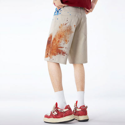 Men's Summer Off-White Blue & Orange Splatter Denim Shorts