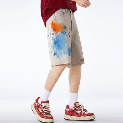 Men's Summer Off-White Blue & Orange Splatter Denim Shorts