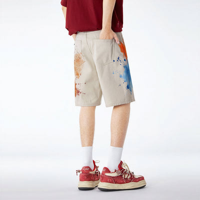 Men's Summer Off-White Blue & Orange Splatter Denim Shorts