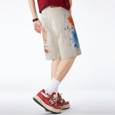 Men's Summer Off-White Blue & Orange Splatter Denim Shorts