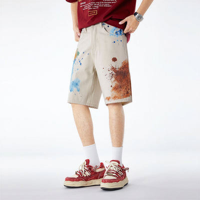 Men's Summer Off-White Blue & Orange Splatter Denim Shorts