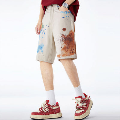 Men's Summer Off-White Blue & Orange Splatter Denim Shorts