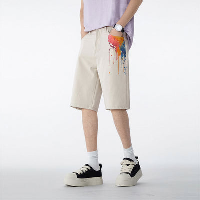 Men's Summer Off-White Splatter Print Straight Denim Shorts