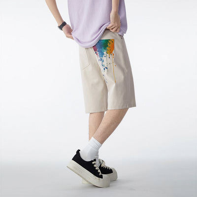 Men's Summer Off-White Splatter Print Straight Denim Shorts