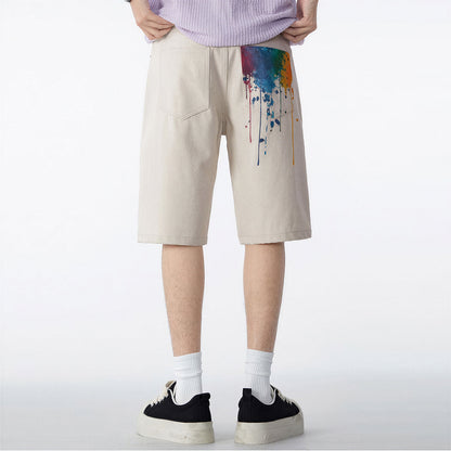 Men's Summer Off-White Splatter Print Straight Denim Shorts