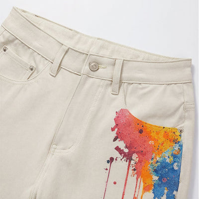 Men's Summer Off-White Splatter Print Straight Denim Shorts