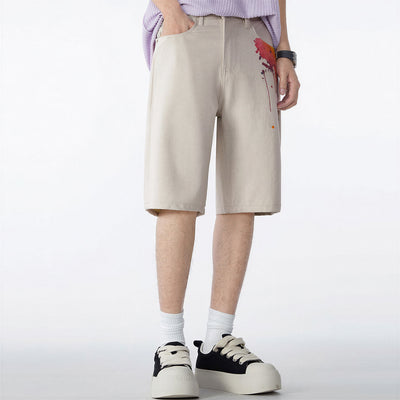 Men's Summer Off-White Splatter Print Straight Denim Shorts