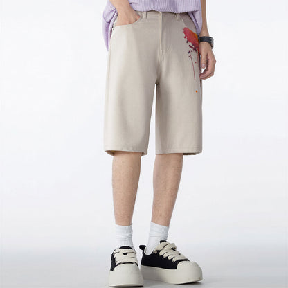 Men's Summer Off-White Splatter Print Straight Denim Shorts