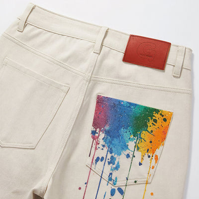 Men's Summer Off-White Splatter Print Straight Denim Shorts