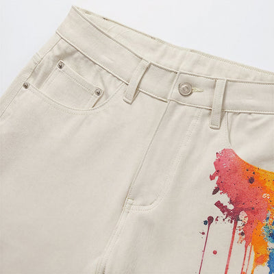 Men's Summer Off-White Splatter Print Straight Denim Shorts