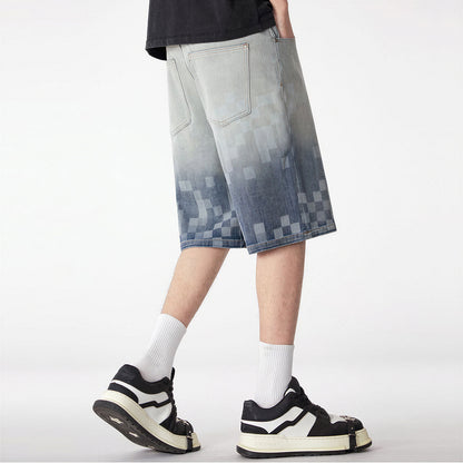 Men's Summer Gradient Pixel Print Straight Denim Shorts