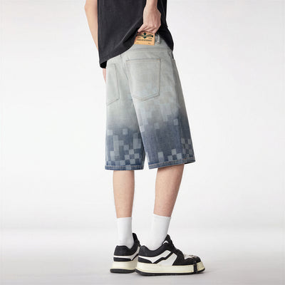 Men's Summer Gradient Pixel Print Straight Denim Shorts