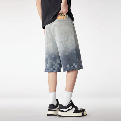 Men's Summer Gradient Pixel Print Straight Denim Shorts