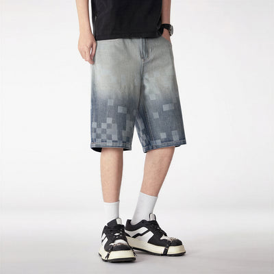 Men's Summer Gradient Pixel Print Straight Denim Shorts