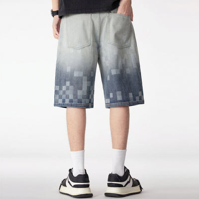 Men's Summer Gradient Pixel Print Straight Denim Shorts