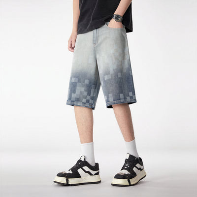Men's Summer Gradient Pixel Print Straight Denim Shorts