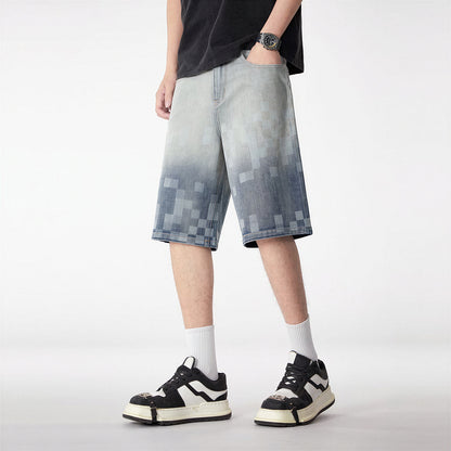 Men's Summer Gradient Pixel Print Straight Denim Shorts