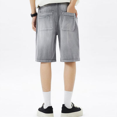 Men's Summer Washed Grey Drawstring Straight Denim Shorts