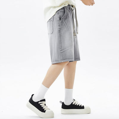Men's Summer Washed Grey Drawstring Straight Denim Shorts