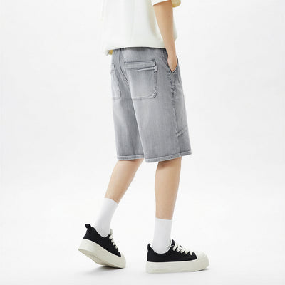 Men's Summer Washed Grey Drawstring Straight Denim Shorts