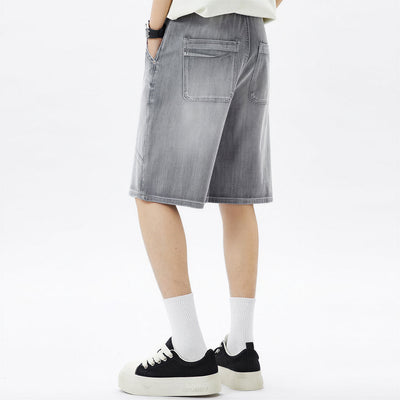Men's Summer Washed Grey Drawstring Straight Denim Shorts