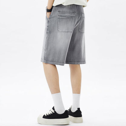 Men's Summer Washed Grey Drawstring Straight Denim Shorts