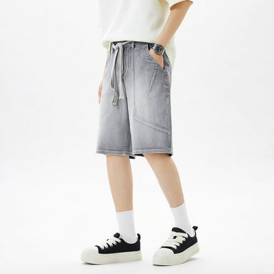 Men's Summer Washed Grey Drawstring Straight Denim Shorts