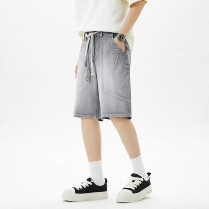 Men's Summer Washed Grey Drawstring Straight Denim Shorts