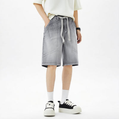 Men's Summer Washed Grey Drawstring Straight Denim Shorts