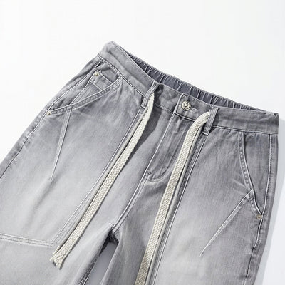 Men's Summer Washed Grey Drawstring Straight Denim Shorts
