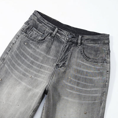Men's Summer Grey Rhinestone Washed Straight Denim Shorts
