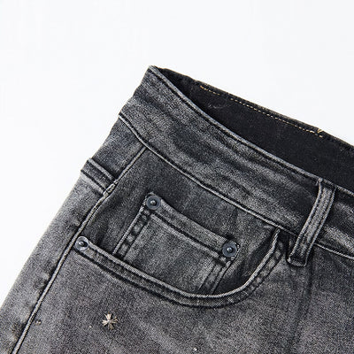Men's Summer Grey Rhinestone Washed Straight Denim Shorts