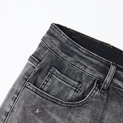 Men's Summer Grey Rhinestone Washed Straight Denim Shorts