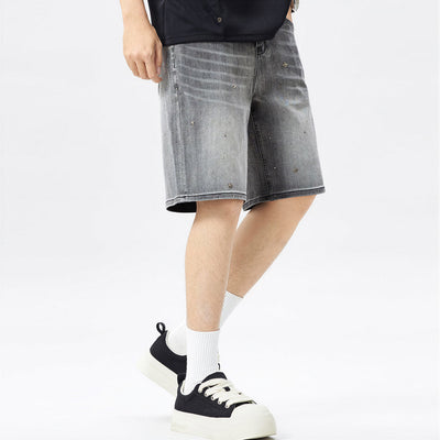 Men's Summer Grey Rhinestone Washed Straight Denim Shorts