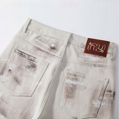 Men's Summer Light Grey Tie-Dye Straight Denim Shorts