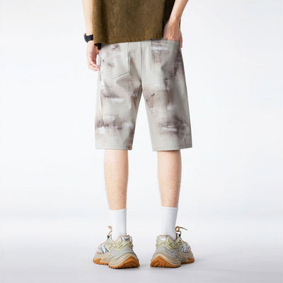 Men's Summer Light Grey Tie-Dye Straight Denim Shorts