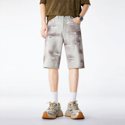 Men's Summer Light Grey Tie-Dye Straight Denim Shorts