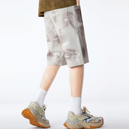 Men's Summer Light Grey Tie-Dye Straight Denim Shorts