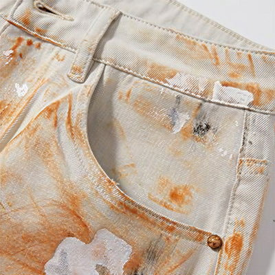 Men's Summer Off-White Orange Splatter Straight Denim Shorts