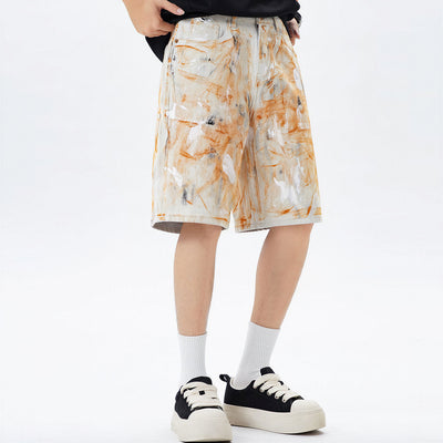 Men's Summer Off-White Orange Splatter Straight Denim Shorts