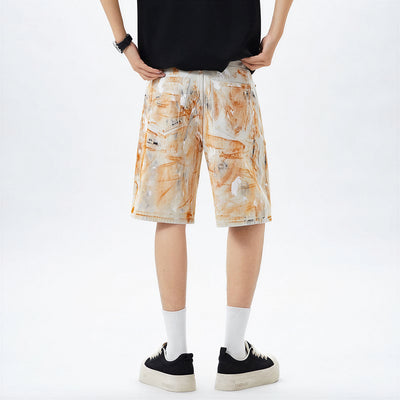 Men's Summer Off-White Orange Splatter Straight Denim Shorts