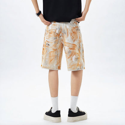 Men's Summer Off-White Orange Splatter Straight Denim Shorts