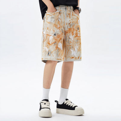 Men's Summer Off-White Orange Splatter Straight Denim Shorts