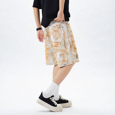 Men's Summer Off-White Orange Splatter Straight Denim Shorts