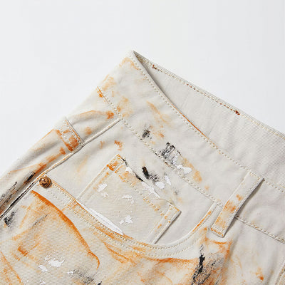 Men's Summer Off-White Orange Splatter Straight Denim Shorts